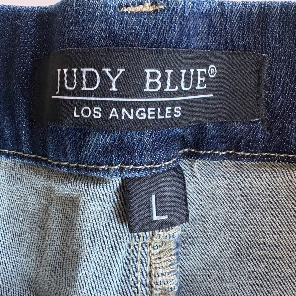 Judy Blue High Waist Pull On Denim Shorts Dark Wash Cuffed Large NWT Elastic Wst - Picture 3 of 7